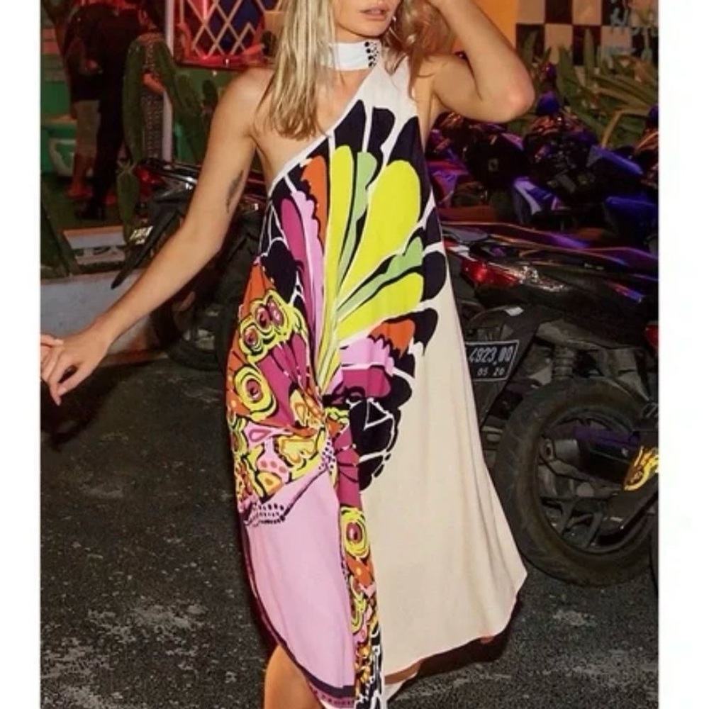 Free People Bold As Love One Shoulder Butterfly Midi Dress M Vacation Festival